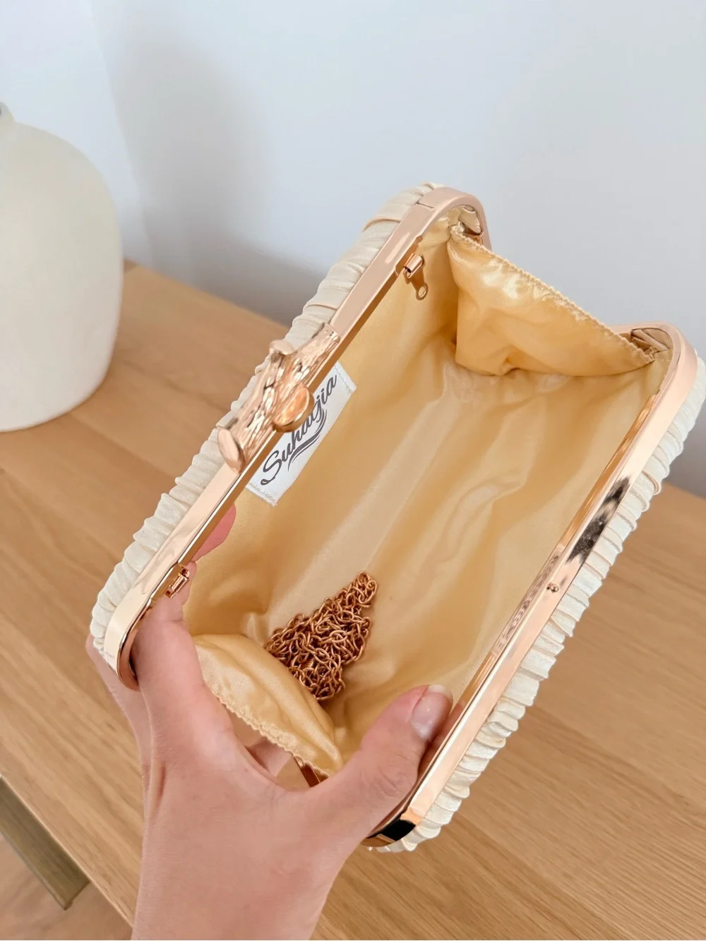Elegant Cream Satin Pleated Clutch with Gold Accent New